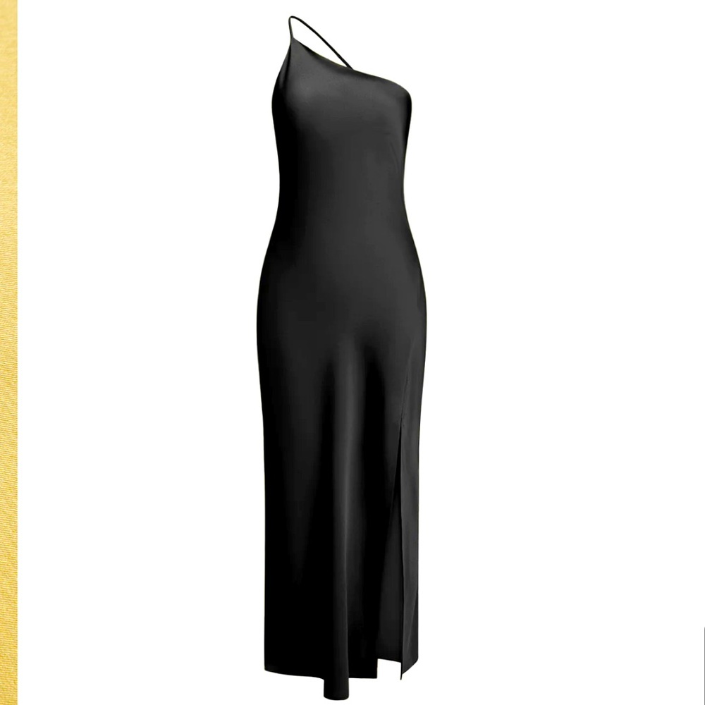 NWT Moonlight Black Open Back Silky Satin Slit Long Maxi Dress Medium